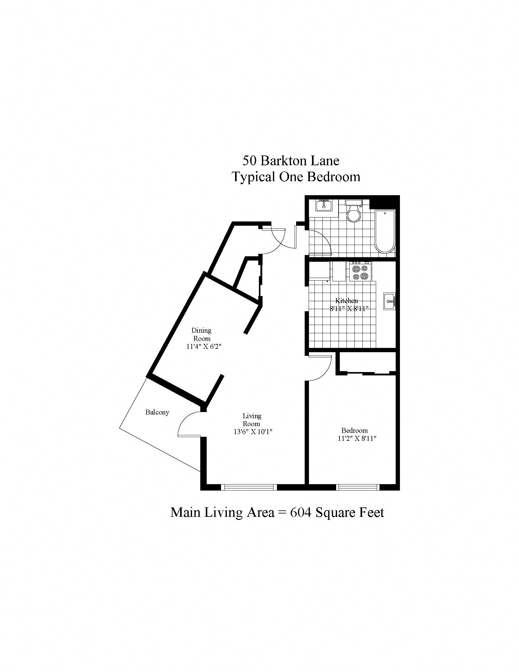 Floor plan for 1 bed, 1 bath, 826 sqft